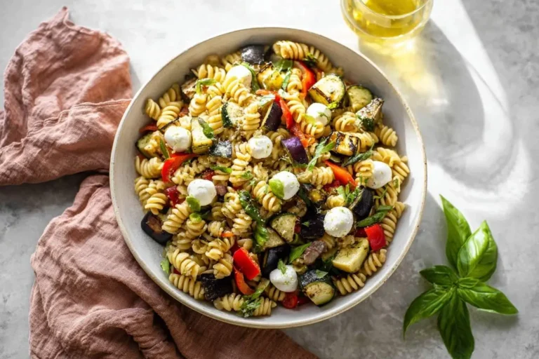 A vibrant bowl of Mediterranean Pasta Salad with fusilli, grilled zucchini, eggplant, red peppers, and mozzarella balls, garnished with fresh basil.
