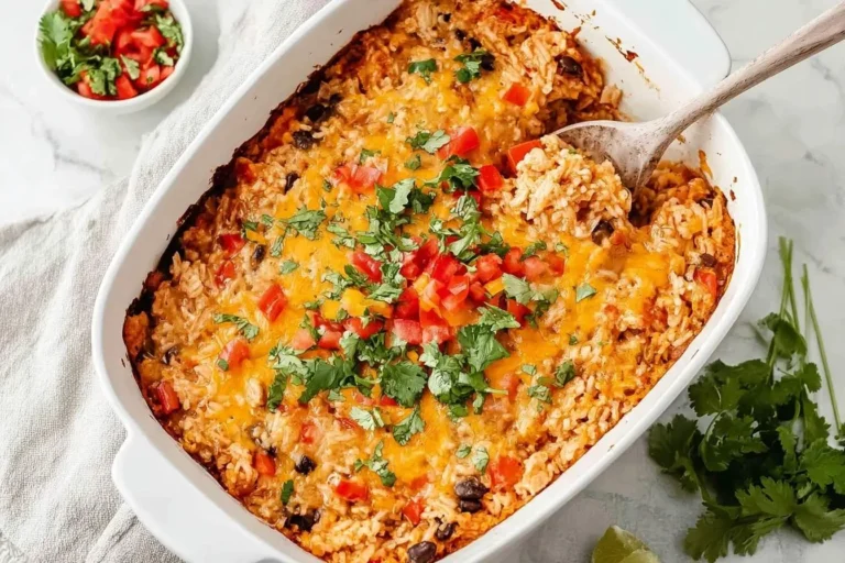 A delicious Mexican Rice Casserole baked in a white dish, topped with melted cheddar cheese, diced tomatoes, and fresh cilantro, with a spoon serving a portion.
