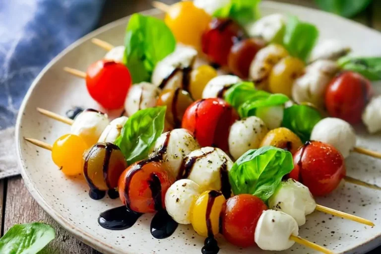 Delicious Mini Caprese Skewers featuring red and yellow cherry tomatoes, mozzarella, and basil drizzled with balsamic glaze on a speckled plate.