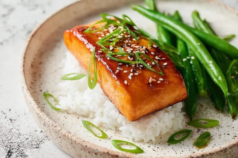 A beautifully plated, shiny miso glazed salmon fillet topped with sesame seeds and green onions, served over white rice with a side of green beans on a rustic plate.
