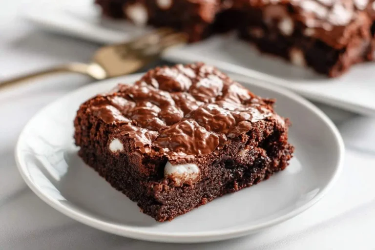 A close-up of a decadent mississippi mud cake brownie square on a white plate, topped with melted chocolate and visible white chips.