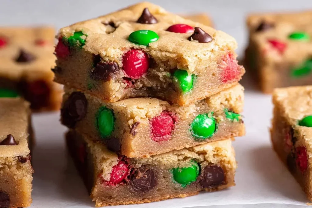 A close-up shot of three M&M Cookie Bars stacked on top of each other, displaying red and green M&Ms and chocolate chips.
