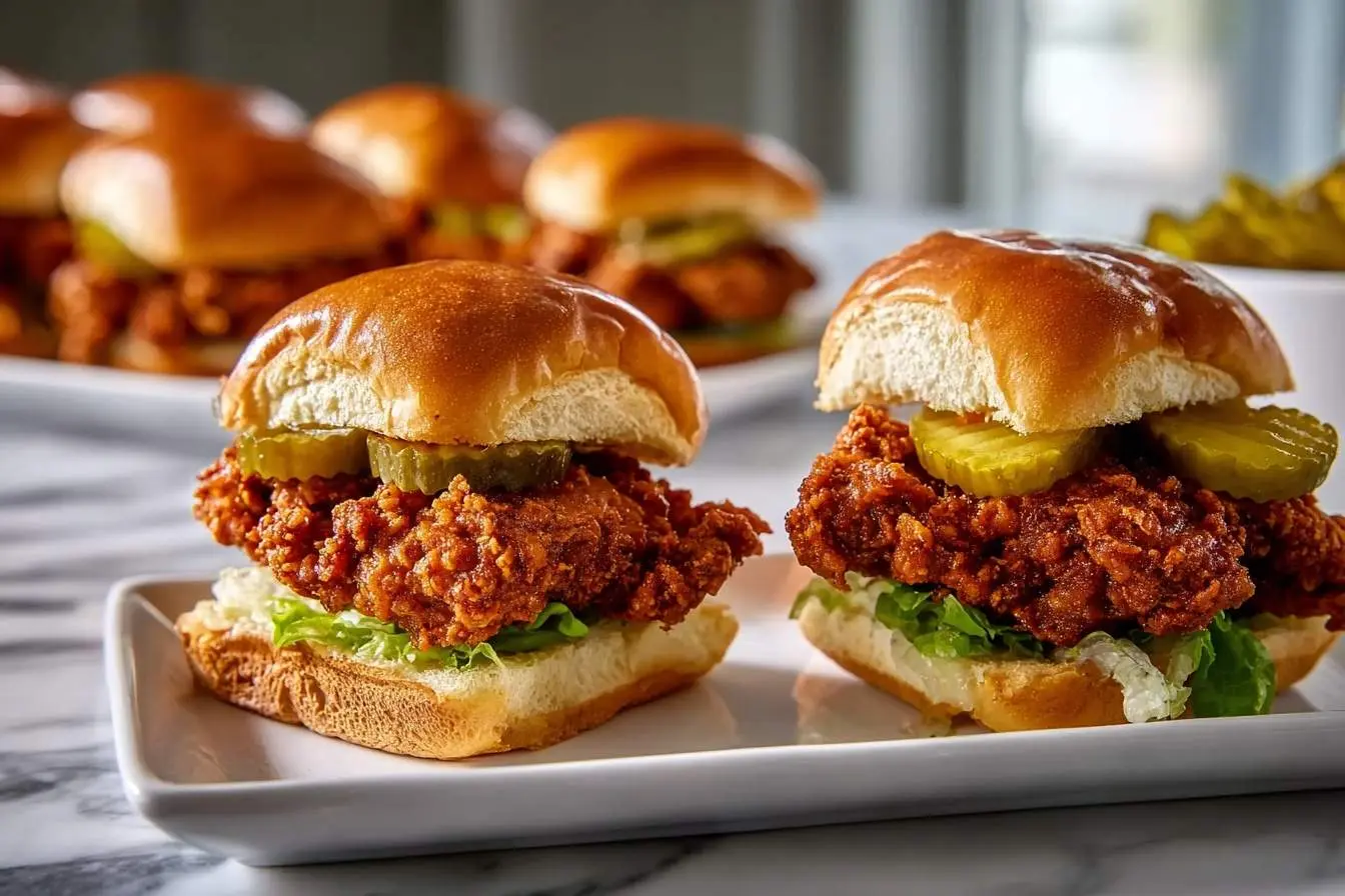 A close-up of delicious Nashville Hot Chicken sliders topped with pickles and lettuce on soft, golden buns.