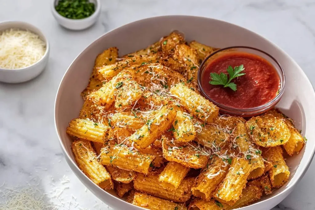 A large white bowl filled with crispy golden Pasta Chips topped with grated cheese and parsley, served with a side of marinara sauce.