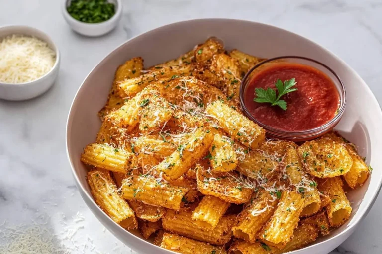 A large white bowl filled with crispy golden Pasta Chips topped with grated cheese and parsley, served with a side of marinara sauce.