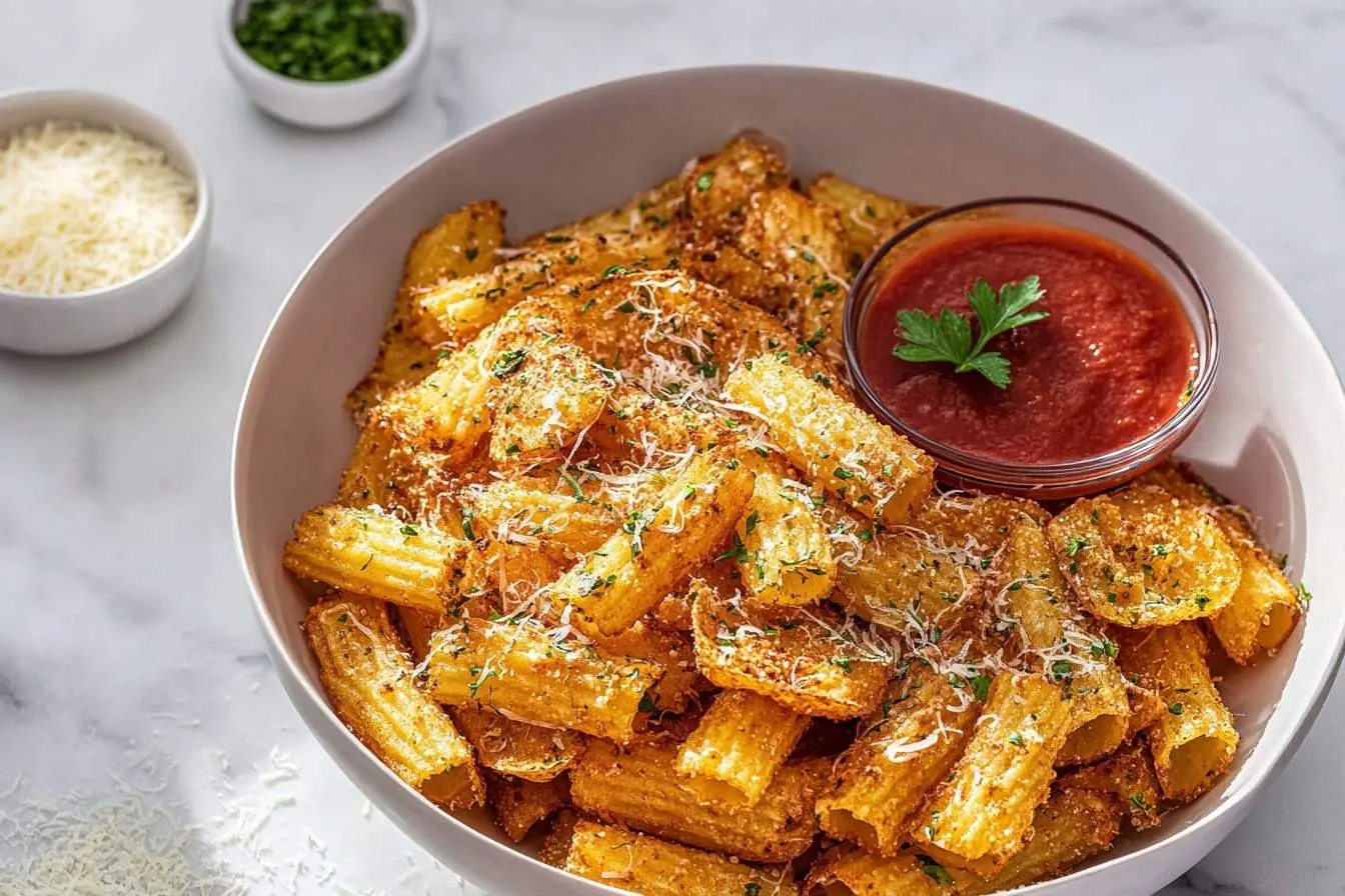 A large white bowl filled with crispy golden Pasta Chips topped with grated cheese and parsley, served with a side of marinara sauce.