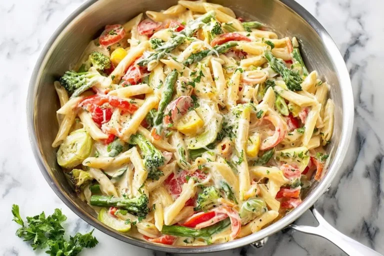 Creamy Pasta Primavera with penne, broccoli, red peppers, asparagus, and zucchini in a skillet on a marble surface, garnished with parsley.