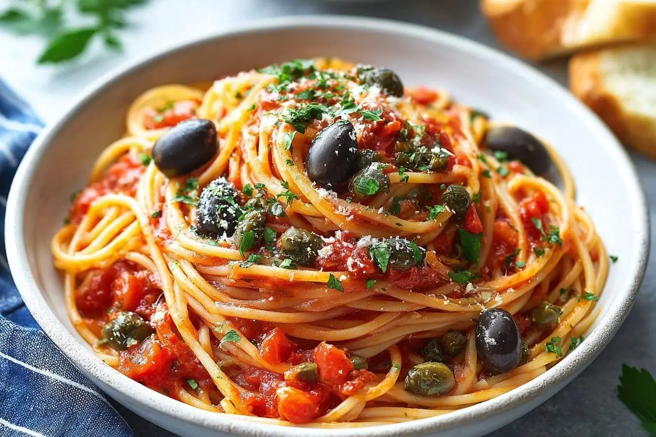 A close-up shot of a white bowl filled with delicious pasta puttanesca, featuring spaghetti, a rich tomato sauce, black olives, capers, and fresh herbs.