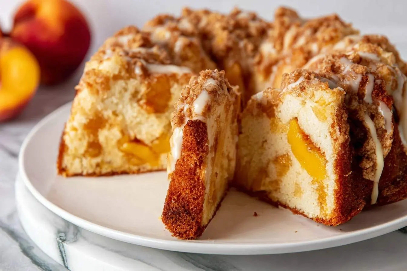 Slices of a delicious peach cobbler pound cake with a crumb topping and glaze on a white plate, with fresh peaches in the background.