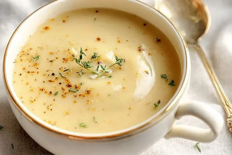 A creamy bowl of pear potato soup garnished with fresh thyme and spices is presented in a white cup with a gold rim, alongside a spoon.