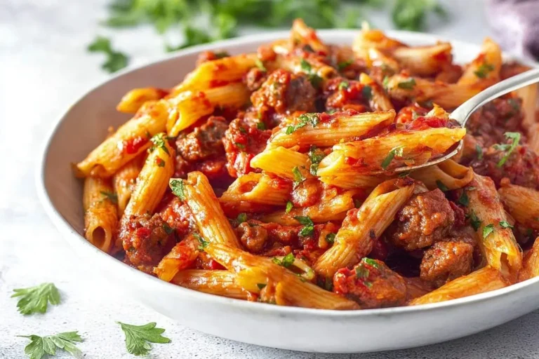 A white bowl filled with penne pasta and meatballs in a rich red sauce, garnished with parsley, being served with a spoon. A hearty twist on Penne all'Arrabbiata.