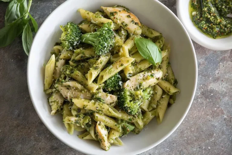 An overhead view of a white bowl filled with Pesto Pasta, featuring penne, chicken, and broccoli, garnished with basil and grated cheese.