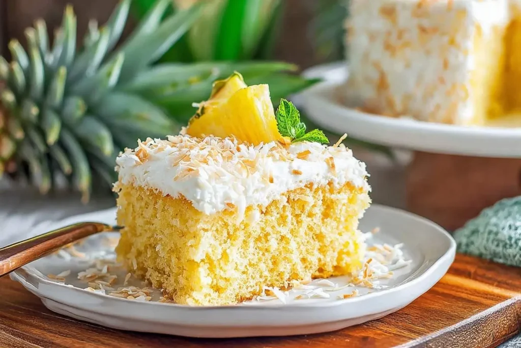 A delicious slice of pineapple coconut cake topped with whipped cream, toasted coconut, fresh pineapple, and mint.
