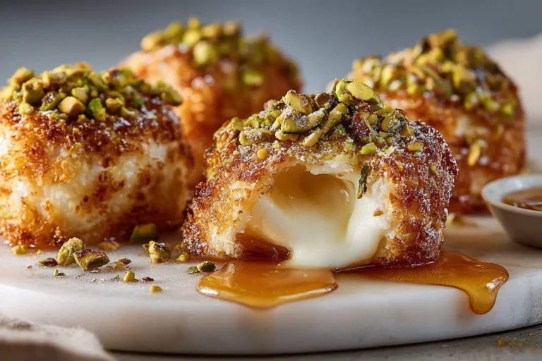 Close-up of golden brown Pistachio-Crusted Brie Bites oozing melted cheese and drizzled with honey on a white marble board.