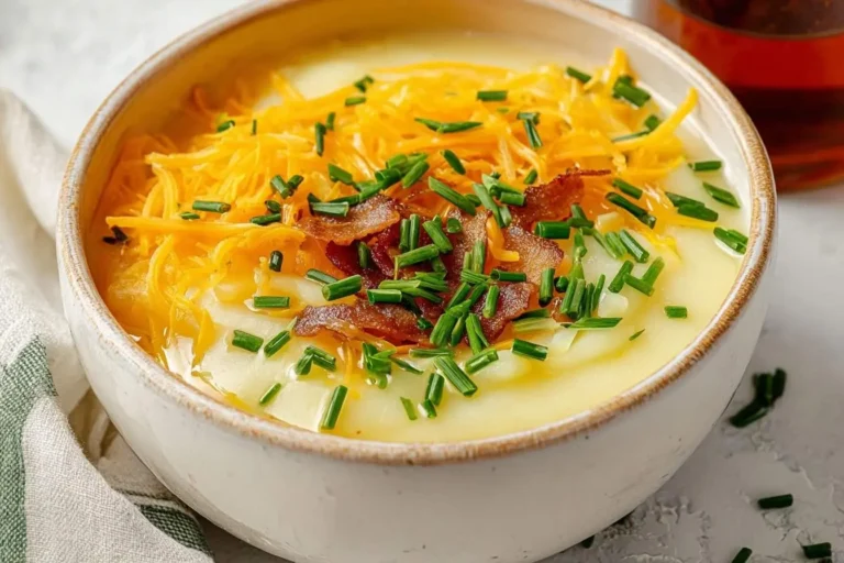 A hearty bowl of creamy potato soup garnished with shredded cheddar cheese, crispy bacon bits, and fresh green chives.