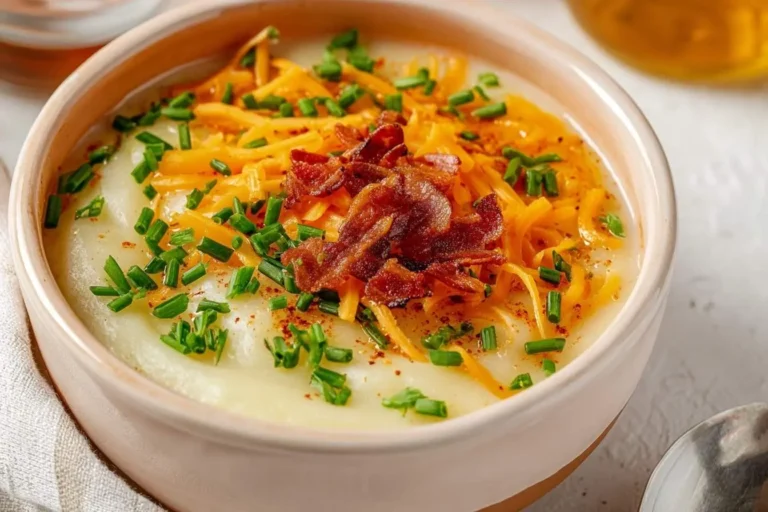 A close-up of a delicious bowl of creamy potato soup garnished with shredded cheddar cheese, crispy bacon bits, and vibrant green chives.