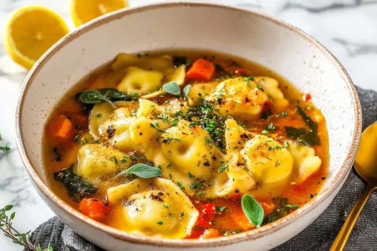 A cozy bowl of homemade ravioli soup featuring tender pasta, diced carrots, leafy greens, and fresh herbs, garnished with pepper on marble.