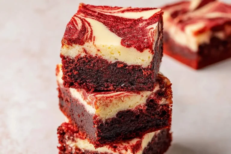 A stack of three decadent red velvet cheesecake brownies with rich red and creamy white swirled layers.