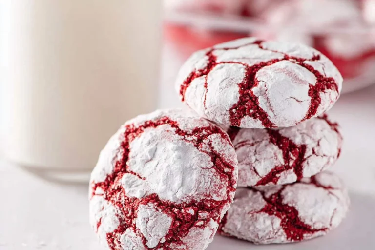 A close-up of a stack of Red Velvet Crinkle Cookies coated in powdered sugar, next to a blurred glass of milk.