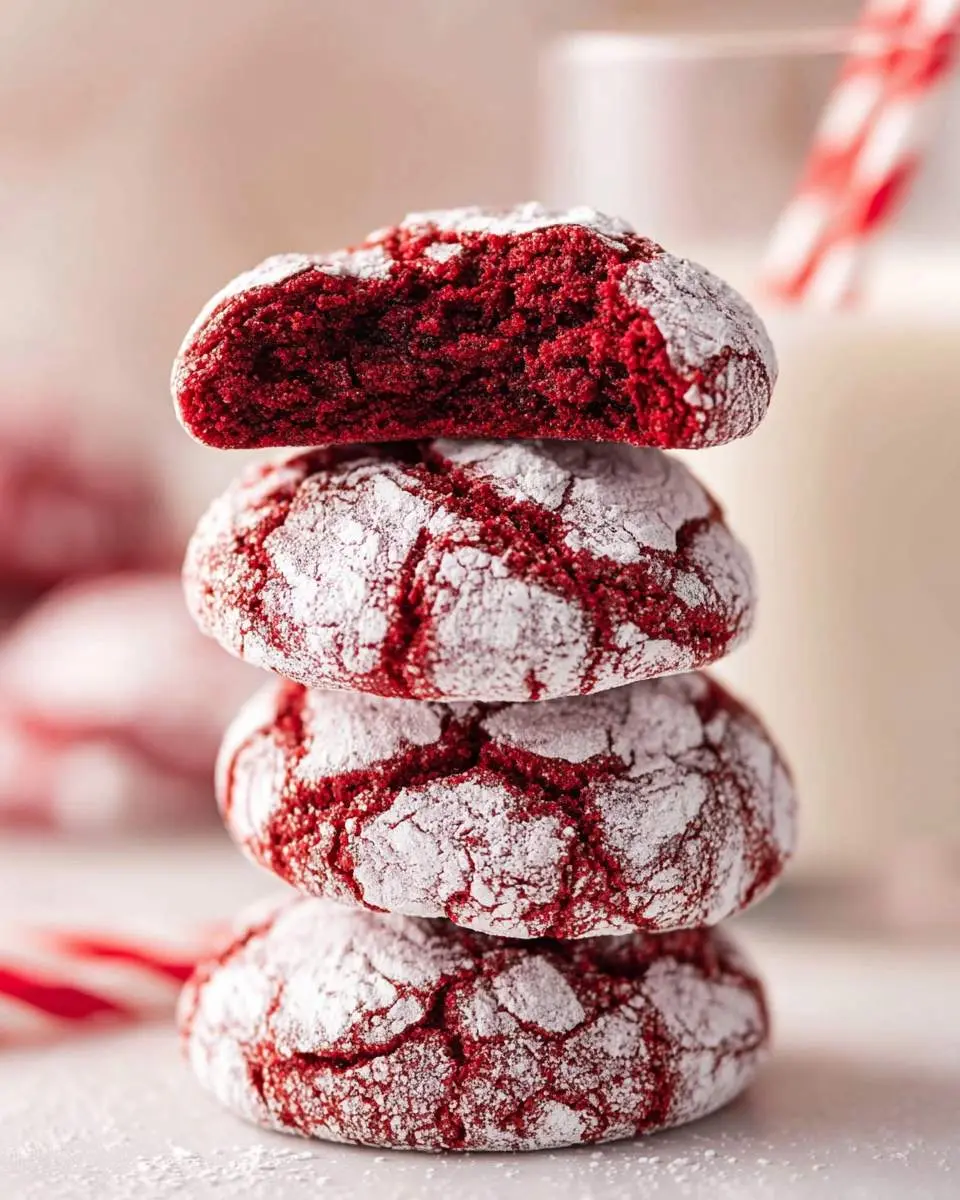 A stack of four festive Red Velvet Crinkle Cookies, heavily dusted with powdered sugar, with the top cookie broken in half revealing its soft red interior.