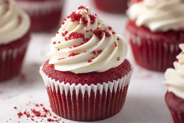A close-up of a delicious red velvet cupcake with white cream cheese frosting and red crumbs, with other red velvet cupcakes blurred in the background.