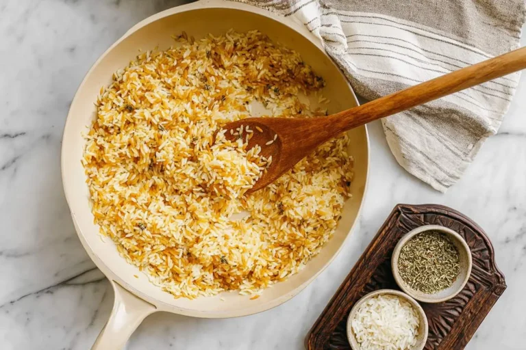 Overhead shot of a pan filled with golden-brown rice pilaf, being scooped with a wooden spoon, with dried herbs and uncooked rice nearby.