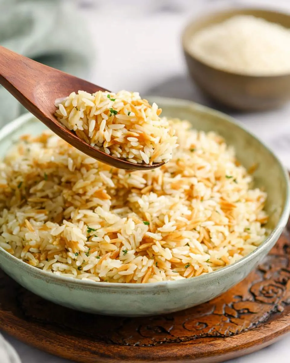 A wooden spoon holds a scoop of fluffy rice pilaf with toasted vermicelli and green herbs above a bowl.