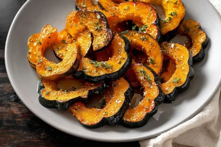 A plate of golden brown roasted acorn squash slices garnished with fresh thyme and flaky sea salt.