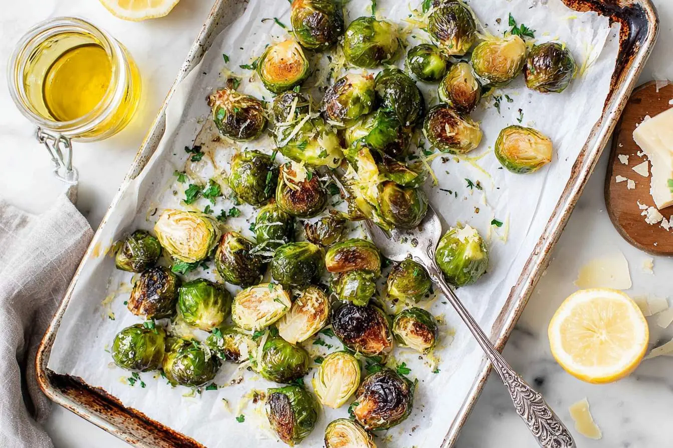 A baking sheet filled with perfectly roasted brussels sprouts, garnished with fresh herbs and grated cheese, accompanied by lemon and olive oil.