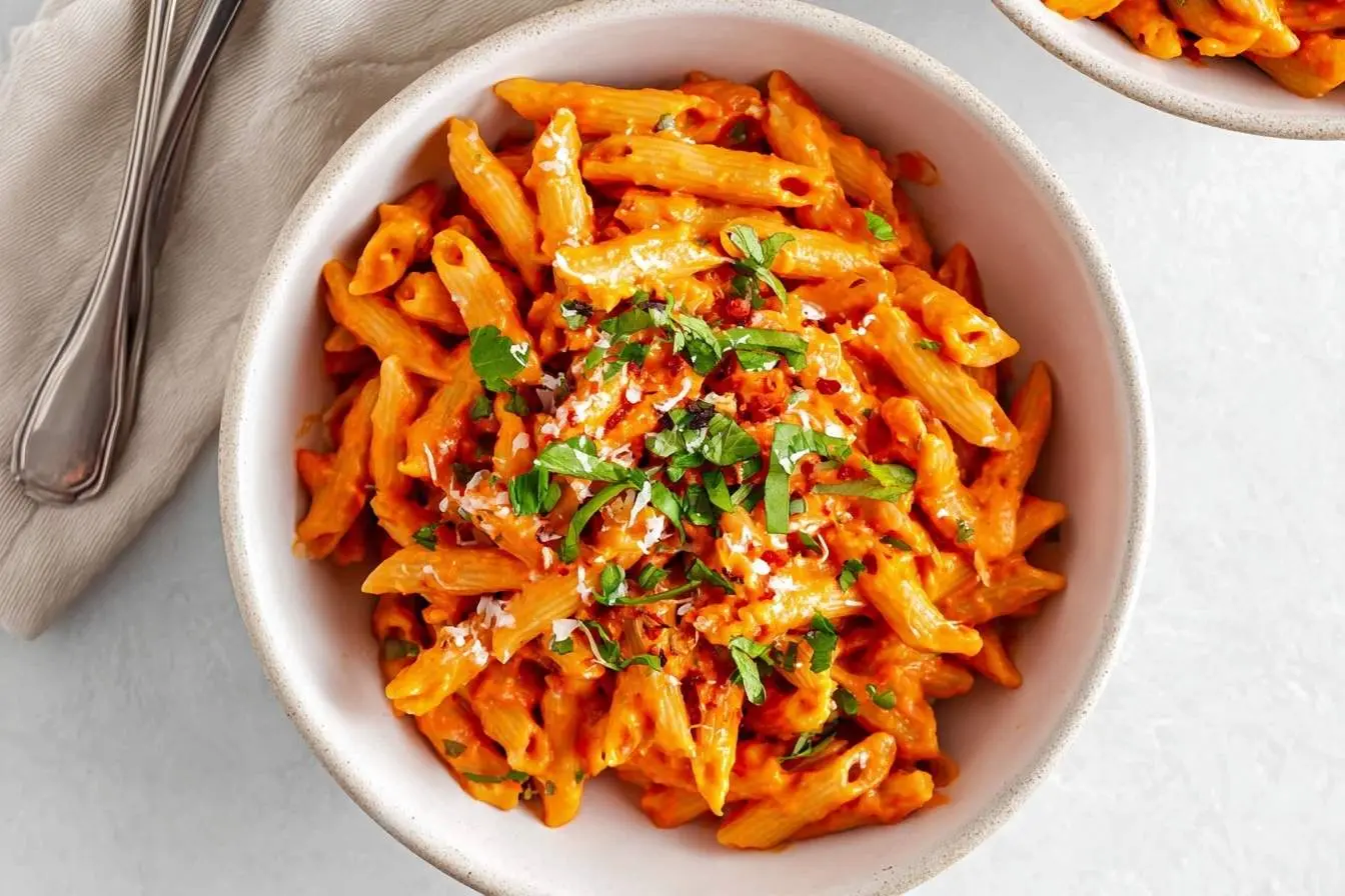A close-up overhead view of a bowl of creamy Roasted Red Pepper Pasta, garnished with fresh herbs and grated cheese.