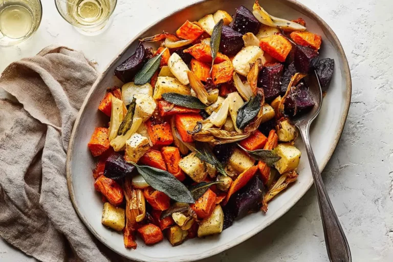 A large oval platter brimming with colorful roasted root vegetables, including beets, carrots, potatoes, and onions, garnished with fresh sage, next to white wine.
