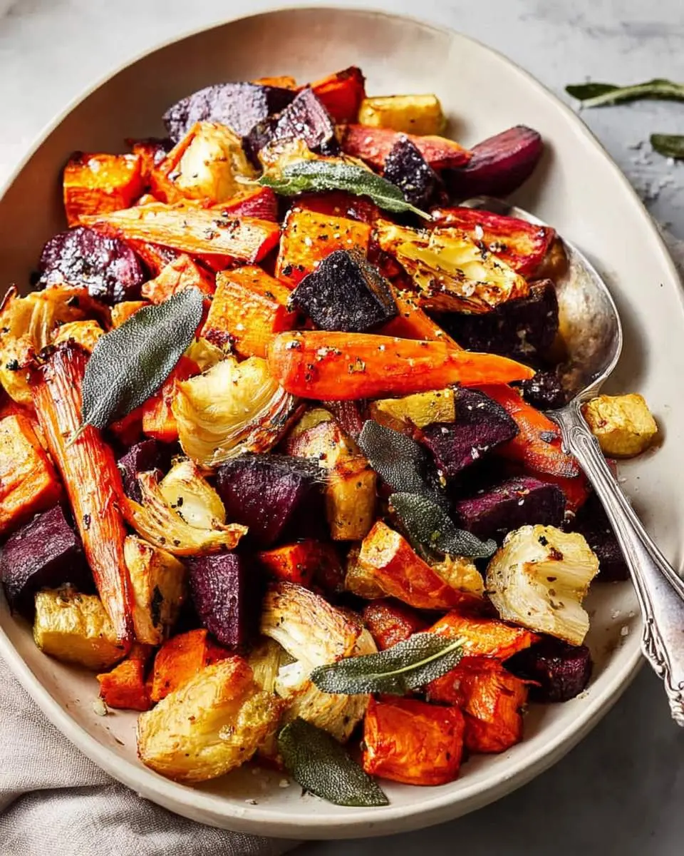 A vibrant platter of perfectly seasoned roasted root vegetables, including carrots, beets, and parsnips, garnished with fresh sage leaves.