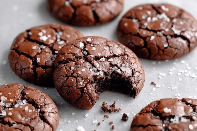Close-up shot of several dark chocolate salted brownie cookies, one with a bite taken out, resting on a light surface.