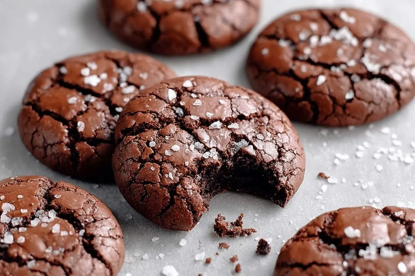 Close-up shot of several dark chocolate salted brownie cookies, one with a bite taken out, resting on a light surface.