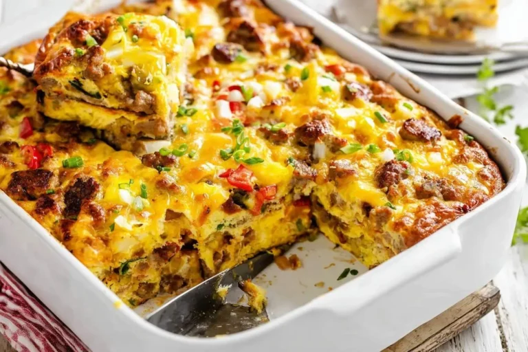 A slice of golden brown Sausage & Egg Breakfast Casserole is being lifted from a white baking dish, revealing layers of eggs, sausage, and cheese.