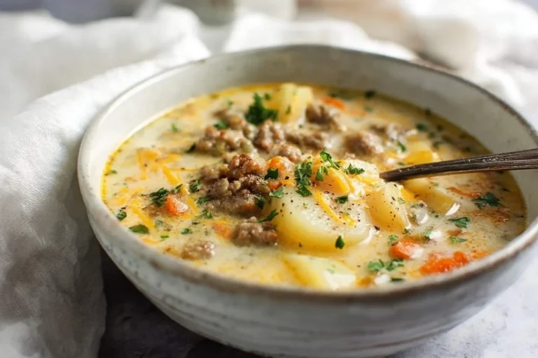 A close-up of a hearty bowl of creamy Sausage Potato Soup, garnished with fresh parsley and shredded cheese, with a spoon inside.