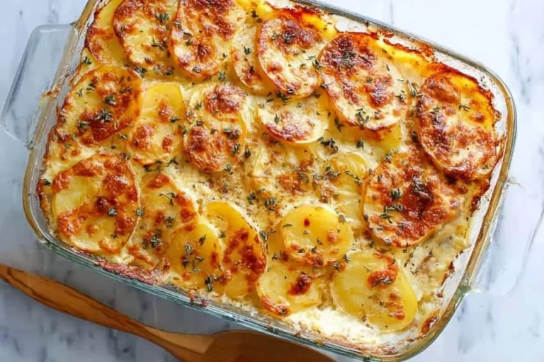A rectangular glass baking dish filled with golden-brown Scalloped Potatoes, topped with melted cheese and fresh thyme.