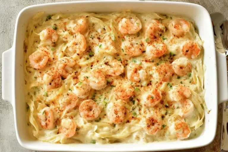 A white baking dish featuring a creamy Seafood Alfredo Casserole, generously topped with plump shrimp, spices, and fresh herbs.