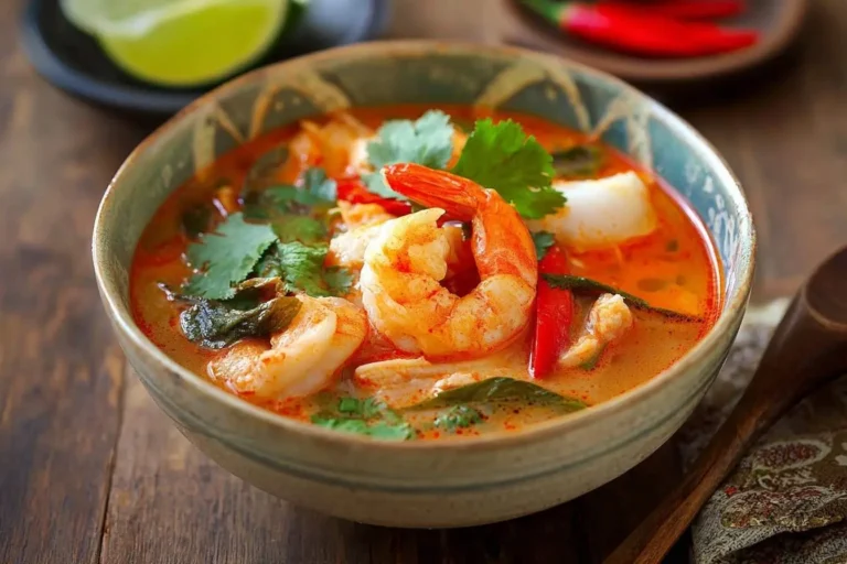 A vibrant bowl of seafood tom yum Soup with large prawns, red chilies, and cilantro, served on a rustic wooden table.