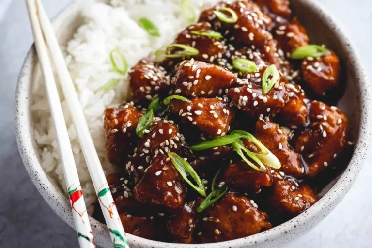 A close-up shot of delicious sesame chicken served over white rice in a bowl, garnished with sesame seeds and green onions, with chopsticks.