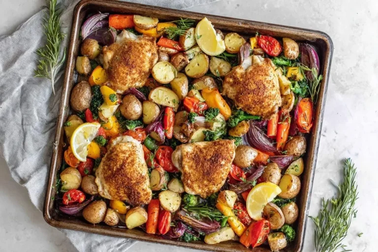 A freshly baked Sheet Pan Chicken & Veggies meal with crispy chicken, roasted potatoes, colorful vegetables, lemon, and rosemary.