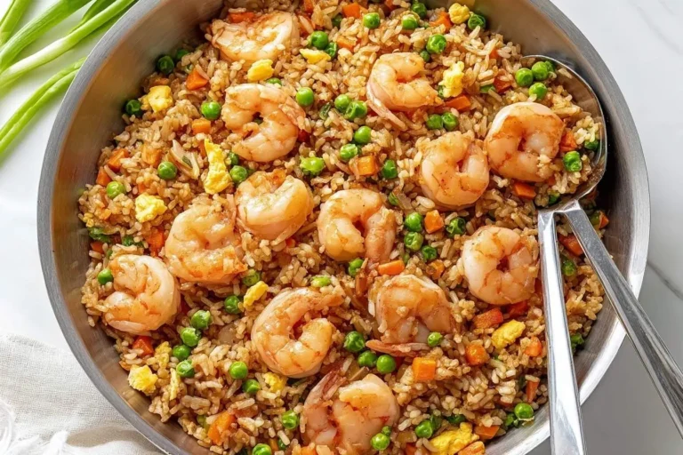 A close-up view of a metal pan filled with delicious shrimp fried rice, featuring plump shrimp, peas, carrots, and egg.