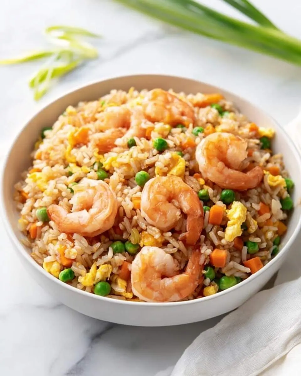 shrimp fried rice A white bowl filled with classic shrimp fried rice, featuring perfectly cooked shrimp, green peas, diced carrots, and scrambled egg bits.