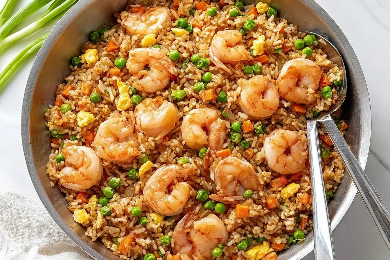 A close-up view of a metal pan filled with delicious shrimp fried rice, featuring plump shrimp, peas, carrots, and egg.