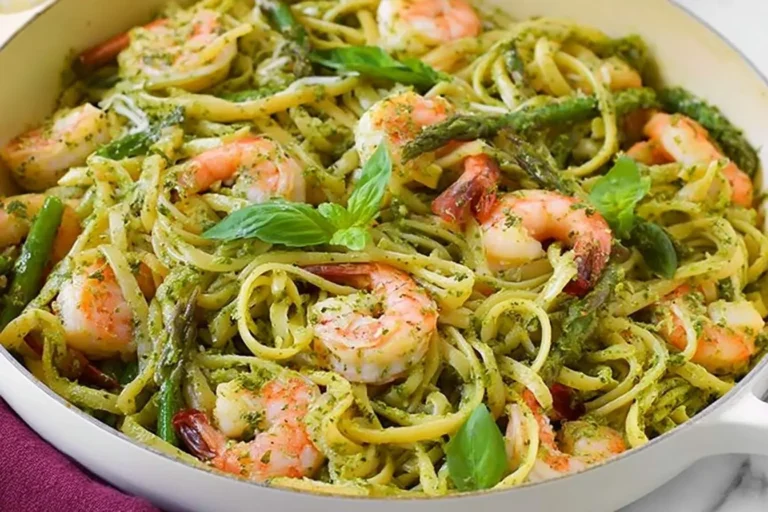 A close-up shot of a white pan filled with vibrant green shrimp pesto pasta, garnished with fresh basil leaves and tender asparagus.