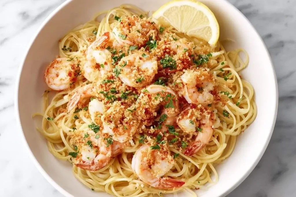 A close-up shot of a white bowl filled with delicious Shrimp Scampi pasta, garnished with toasted breadcrumbs, fresh parsley, and a lemon wedge.