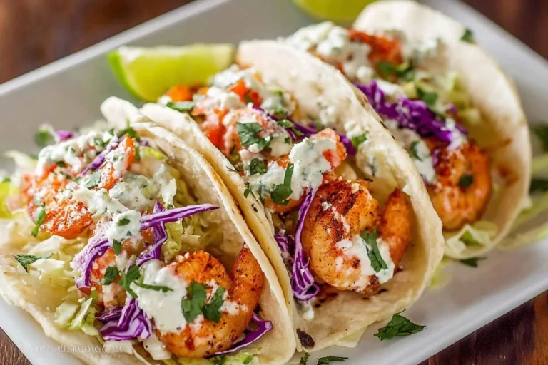 Three vibrant shrimp tacos filled with grilled shrimp, shredded cabbage, fresh pico de gallo, and a creamy sauce, garnished with cilantro and a lime wedge on a white plate.