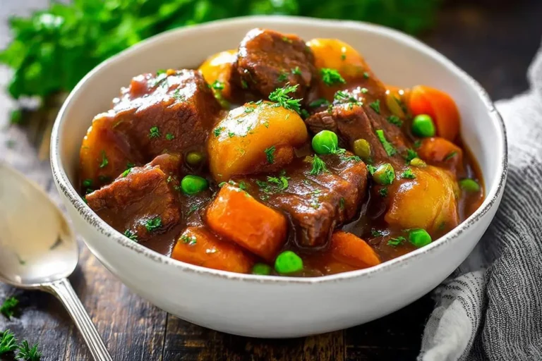 A delicious white bowl of slow cooker beef stew, with tender beef chunks, potatoes, carrots, and peas, garnished with fresh herbs.