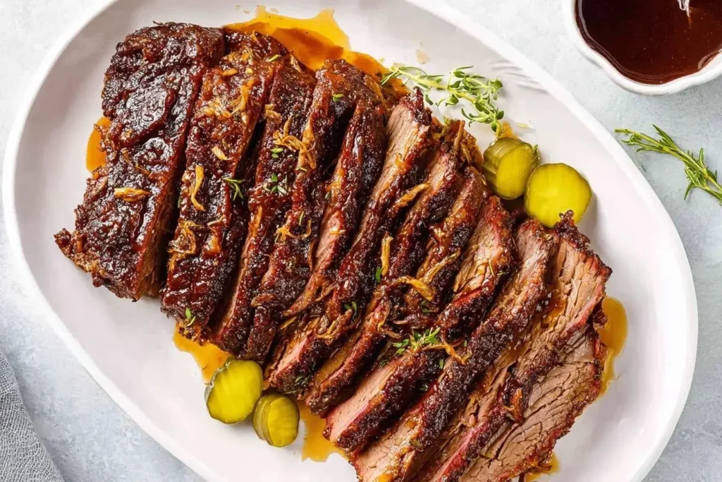A beautifully sliced Slow Cooker Brisket, glazed with sauce and garnished with crispy onions and fresh thyme, served on a white platter with pickles.
