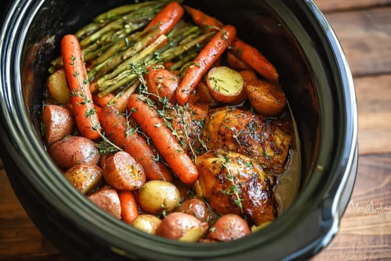 A Slow Cooker Honey garlic chicken and veggies dish, featuring glazed chicken, roasted carrots, potatoes, and green beans with thyme.
